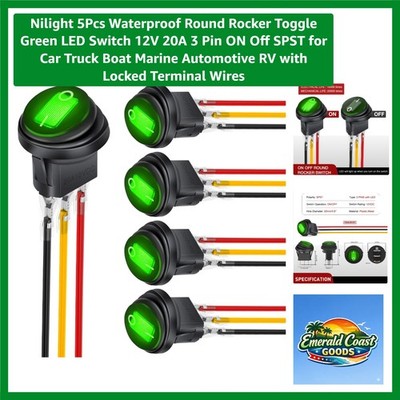 5Pcs Waterproof Round Rocker Toggle Green LED Switch 2V 20A 3 Pin ON Off SPST...