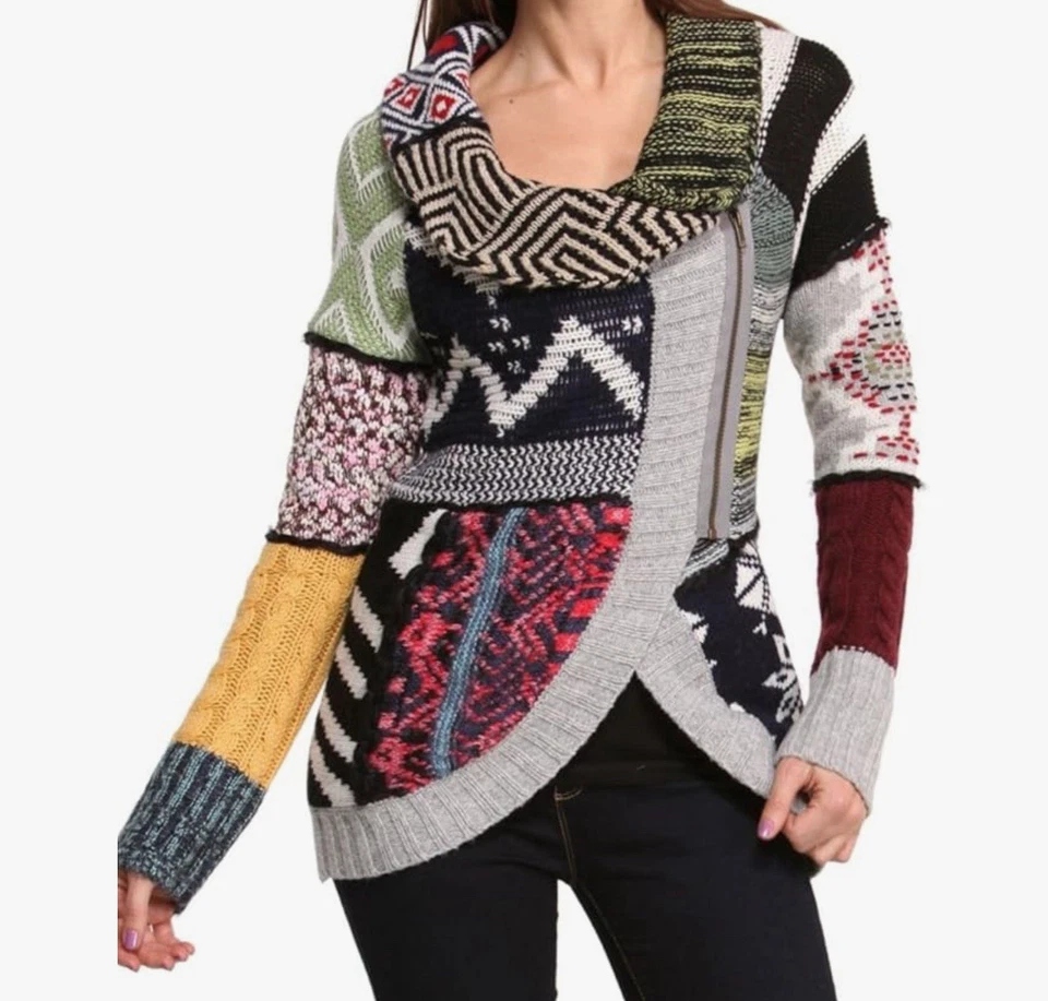 Желательный многоцветный пэчворк почему? Funky кардиган капот шеи Лара - Изображение 2 из 4