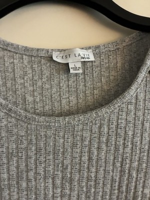C'est La Vie Gray Knit Puff Sleeve Button Accent Women's Top Size L