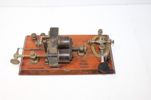 Antique J.H. Bunnell & Co telegraph key and sounder set on wood base, late 19th