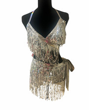 Women  s Silver Metallic Sequin Fringe bathing suit Set Top Skirt Shorts