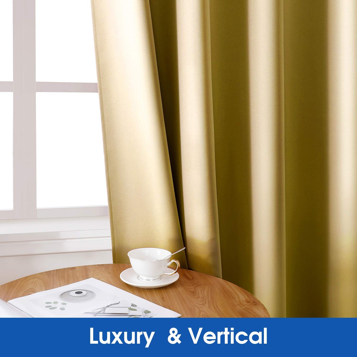 HOMEIDEAS 2 Panels Gold Faux Silk Blackout Curtains, 52 X 108 Inch Room Darke...