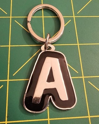 Letter ''A'' Keychain Silver Tone Black Enamel Alphabet Initial Key, B3b6, B4b2