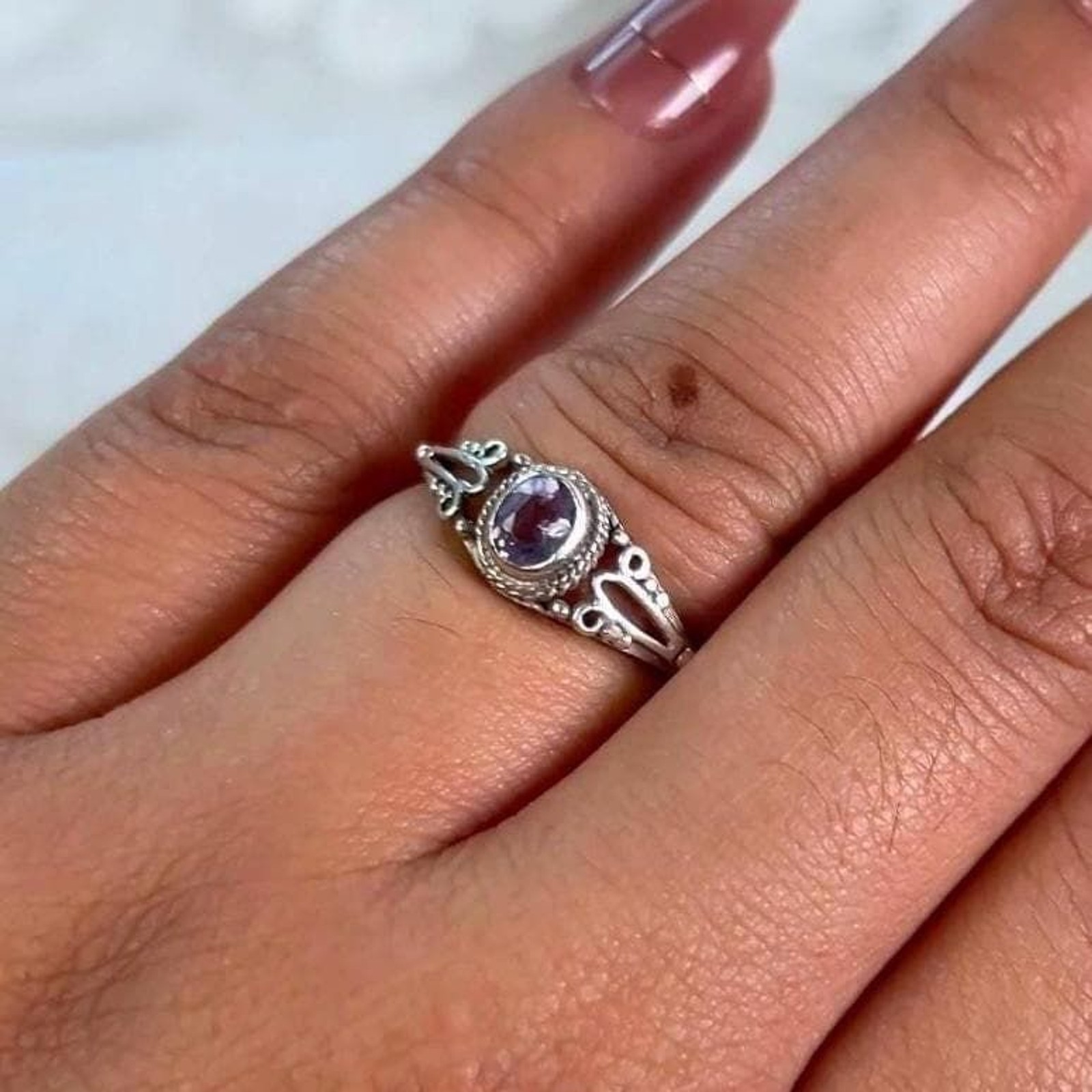 Dainty Violet Gemstone Stacking Ring, Vintage 925… - image 1