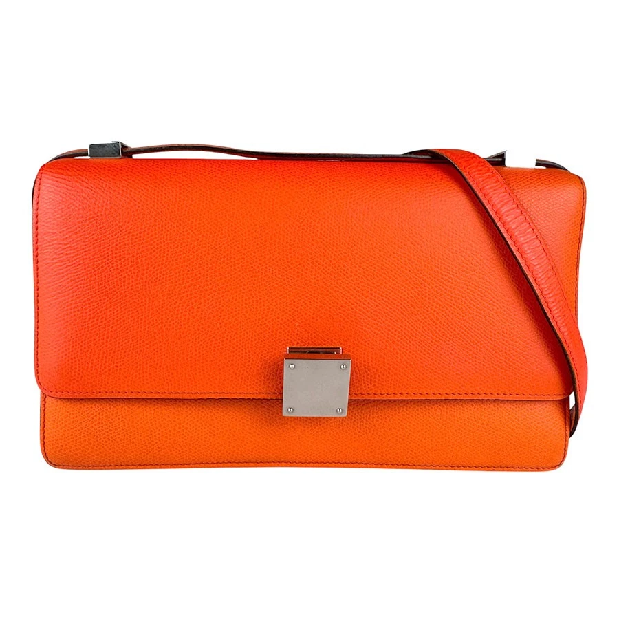 Celine — Auth CELINE Classic Box Shoulder Bag Neon Orange Leather/Silvertone - z8809