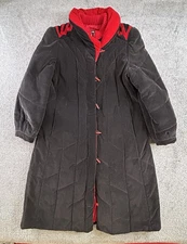 60s 70 Mod Maid Long Coat Corduroy Vtg Toggle Buttons Poly Filled Women L Black