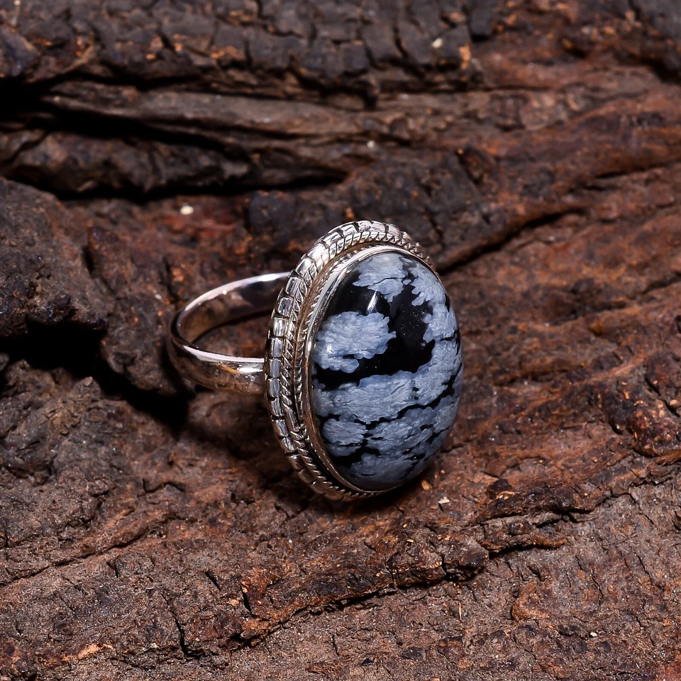 Anel étnico declaração obsidiana floco de neve tamanho 925 prata - Imagem 3 de 4