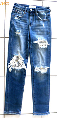 RISEN Mid Rise Sequin Patched Blue Denim Jeans Sz 1 / 25  G313