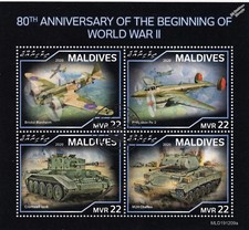 Start of WWII Pe-2/Blenheim Aircraft & M24 Tanks CTO Stamp Sheet (2020 Maldives)
