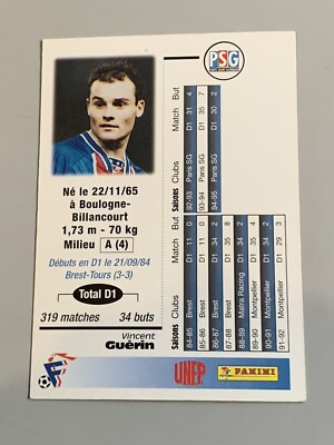 Carte Panini 1996 UNFP Vincent Guérin PSG #053