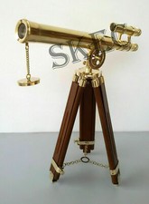 18" Brass Nautical Polish Double Barrel Telescope W/Brown Wooden Tripod Stand