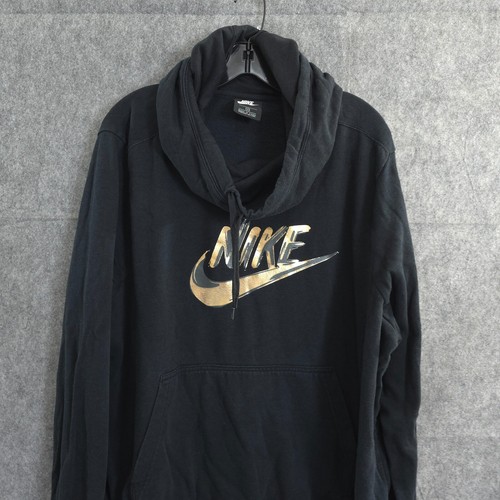 Nike Hoodie Womens 2X Gold Print Logo Funnel Neck Black Mid Weight Swoosh Spell - Picture 3 of 18