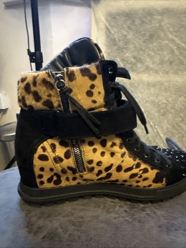 MIU MIU Calf Hair & Leather Leopard Studded High Top Trainers Size UK 6.5 EU 40 - Picture 6 of 16