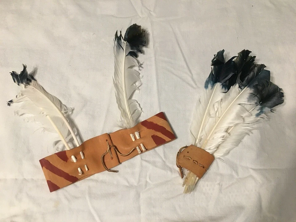 Disfraz Vaquero Indio Imitación Pluma Cuero Pintado Abanico Negro Blanco Marrón Headban Foto 2 de 2