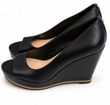 BCBGeneration Black Peep Toe Wedge Heels Gold...