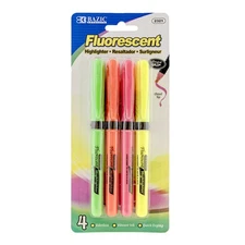 BAZIC Pen Style Fluorescent Highlighters w/ Cushion Grip (4/Pack)