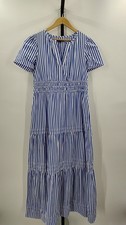 Quince Women 100% Organic Cotton Poplin Tiered Maxi Dress Azure Stripe M