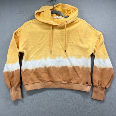 Roxy Hoodie Women XS Yellow Brown Tie Dye Cropped Pullover Sweatshirt Surf Y2K