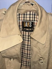 DAKS OF LONDON TRENCH COAT Jacket Belt Plaid Trim Women Tan/Khaki Large