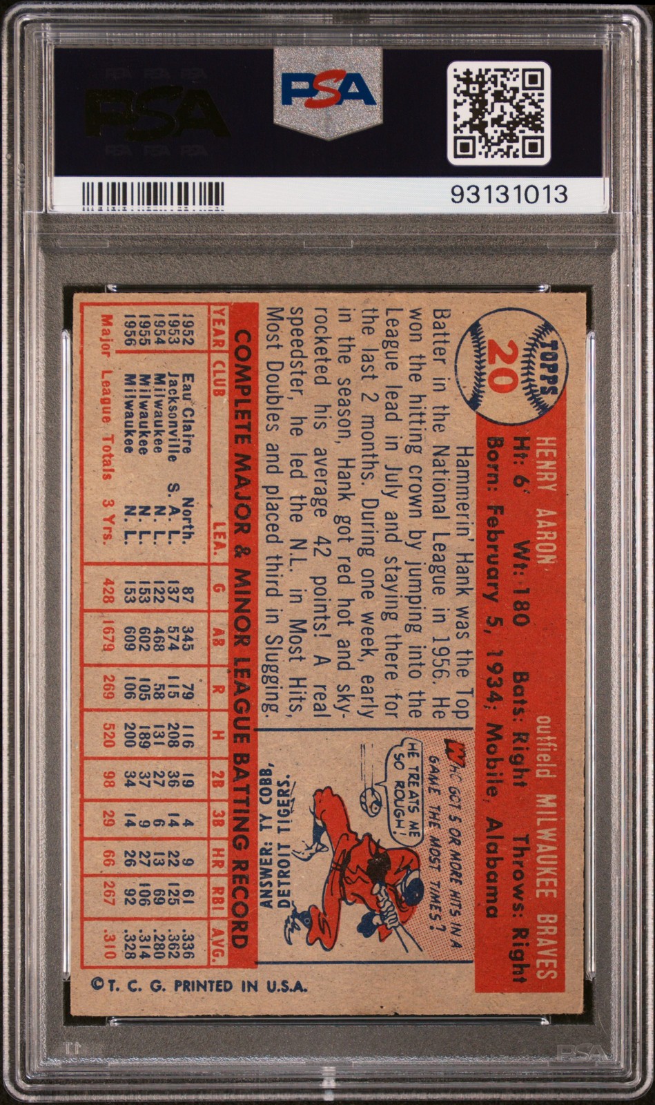 1957 TOPPS #20 HANK AARON PSA 6 view 2