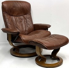 Ekornes Stressless Large "President" Brown Leather Swivel Recliner  Ottoman
