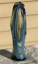Vintage Murano Style Blown Glass Vase. Blue, Green White Swirl Closed Top 1960's