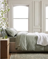 NWT Quince Organic Crisp Percale Duvet Cover Set King/Cal King Gingham Olive