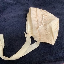 Antique Small Baby Or Doll Bonnet Cream Satin Silk Ruffles Beautiful
