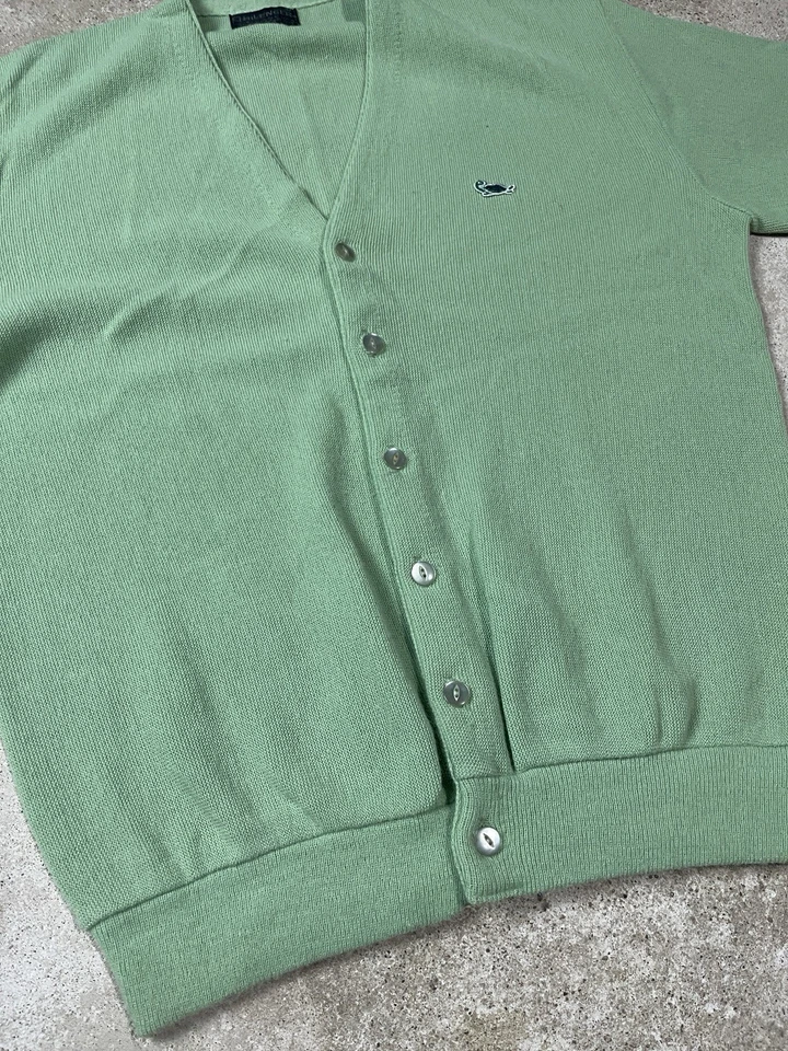 Vintage 60s 70s Sweater Mens XL Turtle Logo Challenger Green Rockabilly Cardigan - Image 3 of 4