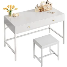 43-inch White Desk with 2 Drawers and Padded Stool, Modern Makeup Vanity & Co...