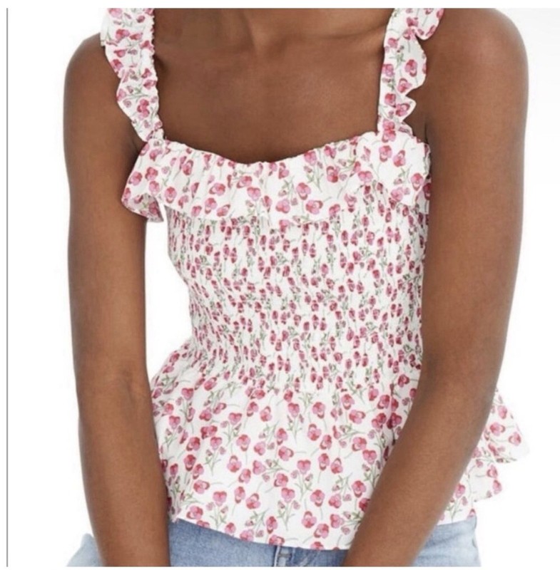J.Crew Liberty Rose Smocked Ruffled Floral Tank Top  Coastal Cottage Size Med