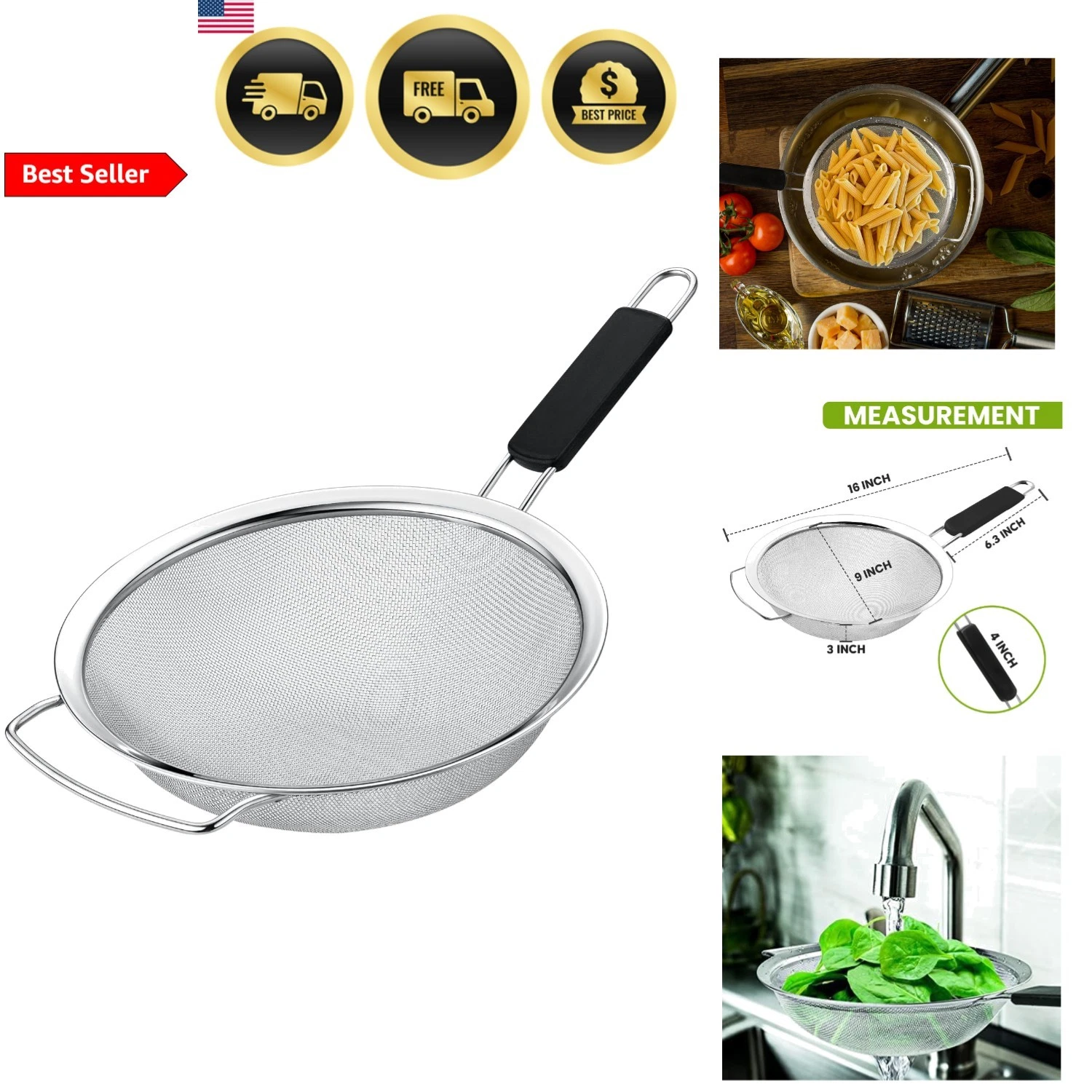 Mesh Strainer Kitchen Fine Mesh Sieve Stainless Steel with Rubber Handle
Opens in a new window or ta