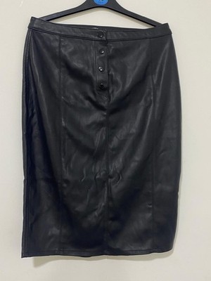 Terranova Womens Black Faux Leather Pencil Skirt XL Midi High Waist Back Slit