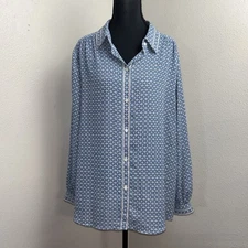 Max Studio Popover Blouse Women's 2X Blue White Floral Cottagecore Soft Artsy