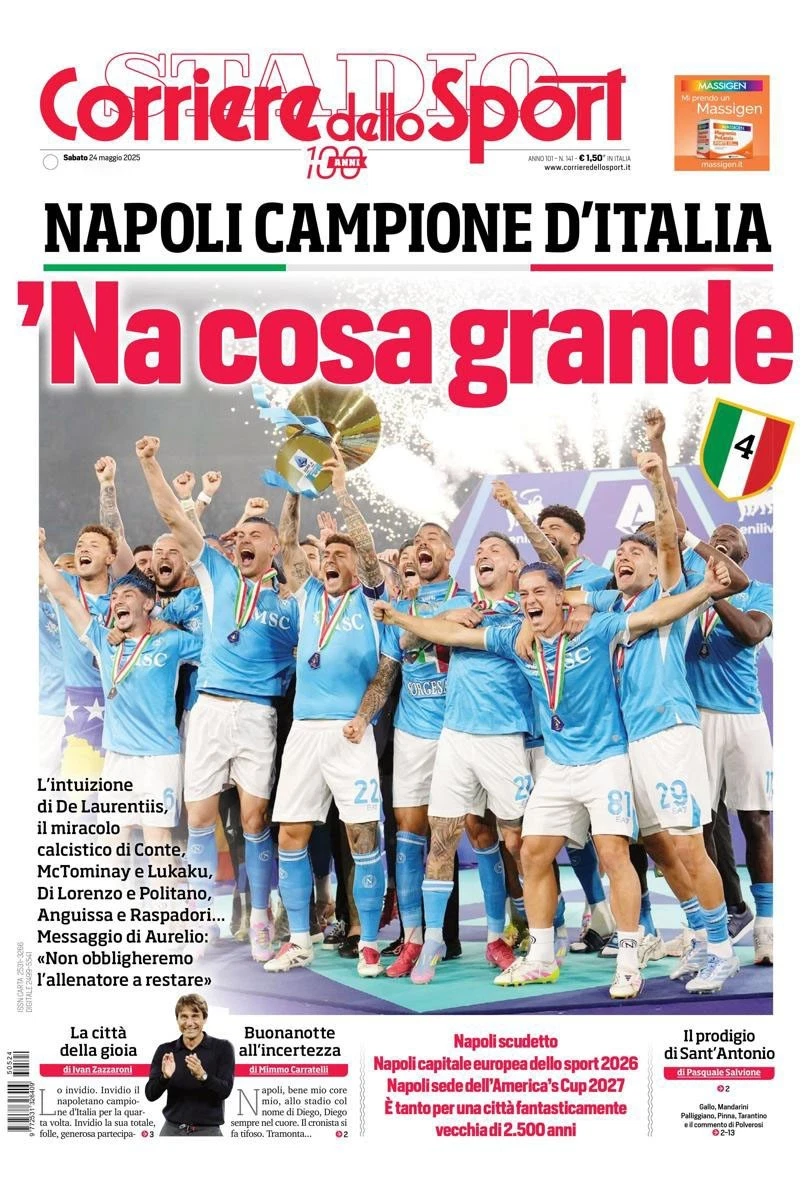 CORRIERE dello SPORT NAPOLI 4° Scudetto Napoli Campione d'Italia 24 Maggio 2025
