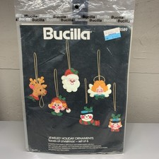 Vtg Bucilla Faces of Christmas Jeweled Holiday Ornaments Felt Kit 3589 Set of 6