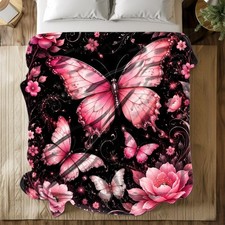 Pink Butterfly Floral Plush Throw Blanket