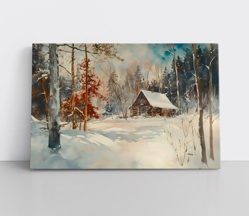 Rustikales Blockhaus verschneiter Winterwald Aquarell Gemälde Druck Leinwand Wandbild