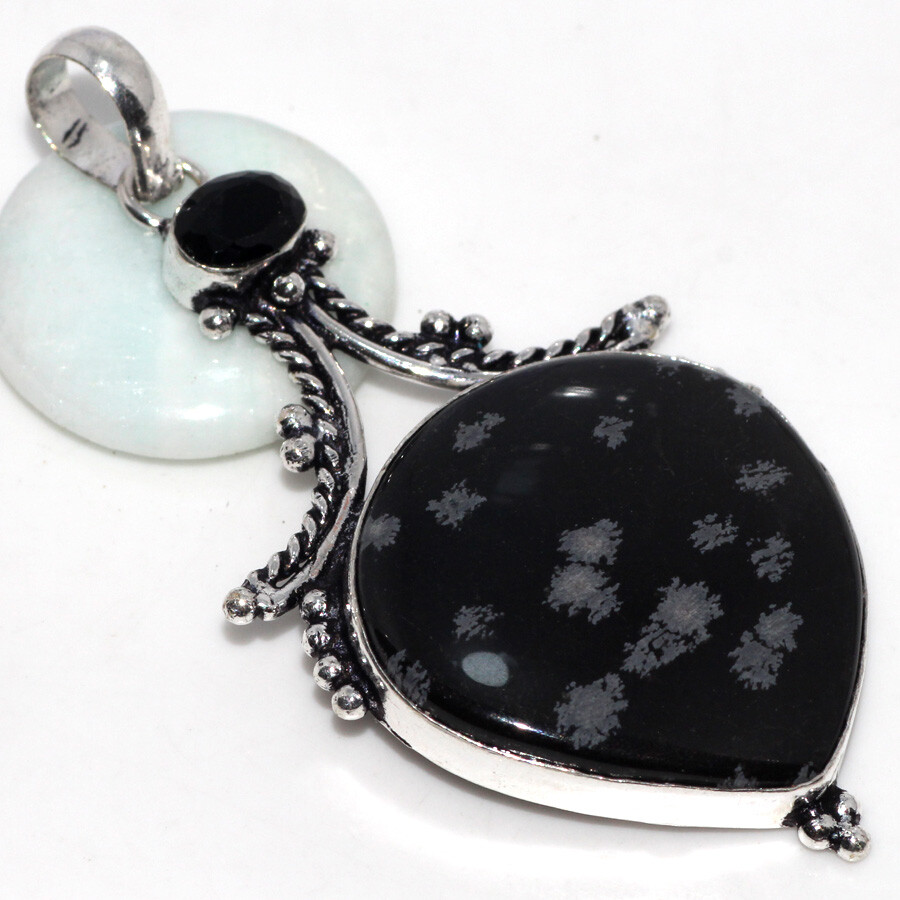 Snowflake Obsidian Black Onyx 925 Silver Plated 2.6