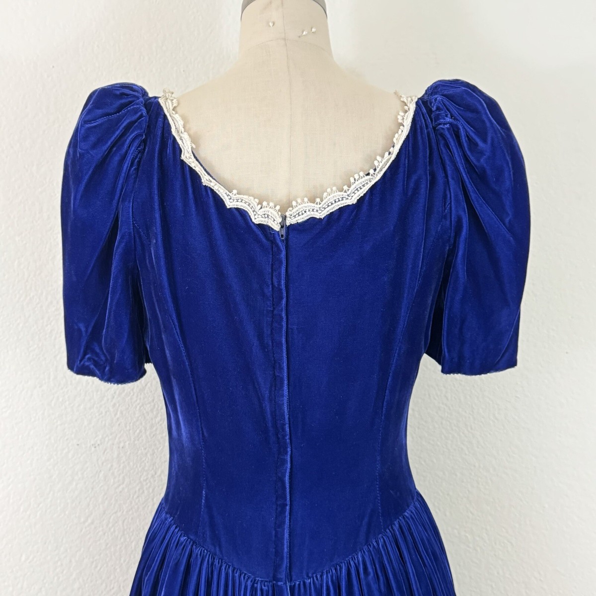 VTG 80s Gunne Sax Jessica McClintock Velvet Royal Blue Dress/Lace  Collar/Puff