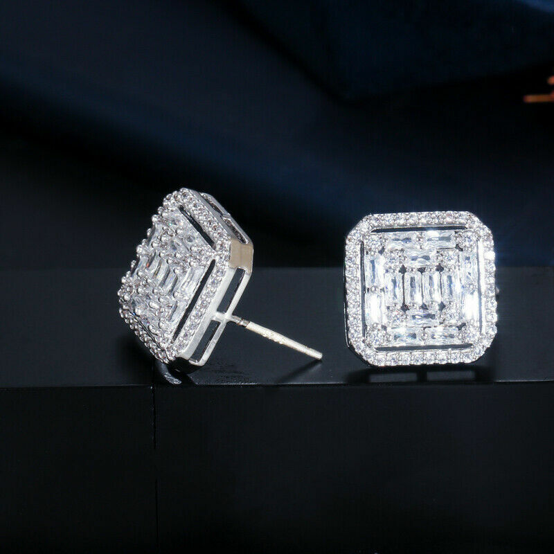 Lovely Crystal Silver Square Stud Earrings Cubic Zircon Party Jewelry for Women