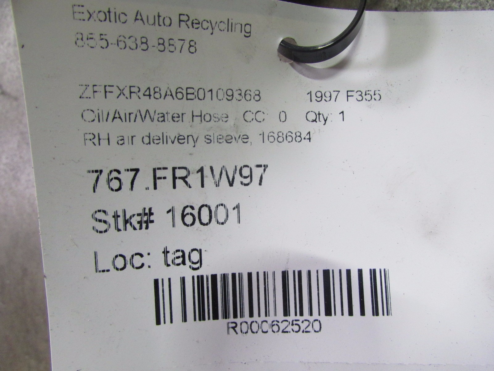 Ferrari F355, RH Right Air Delivery Sleeve, Used, P/N 168684