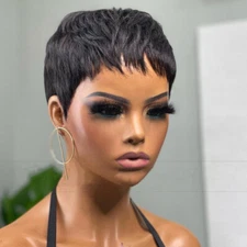 Short Human Hair Pixie Wigs Pixie Cut Short Black Wavy Wigs Layered Short Wigs