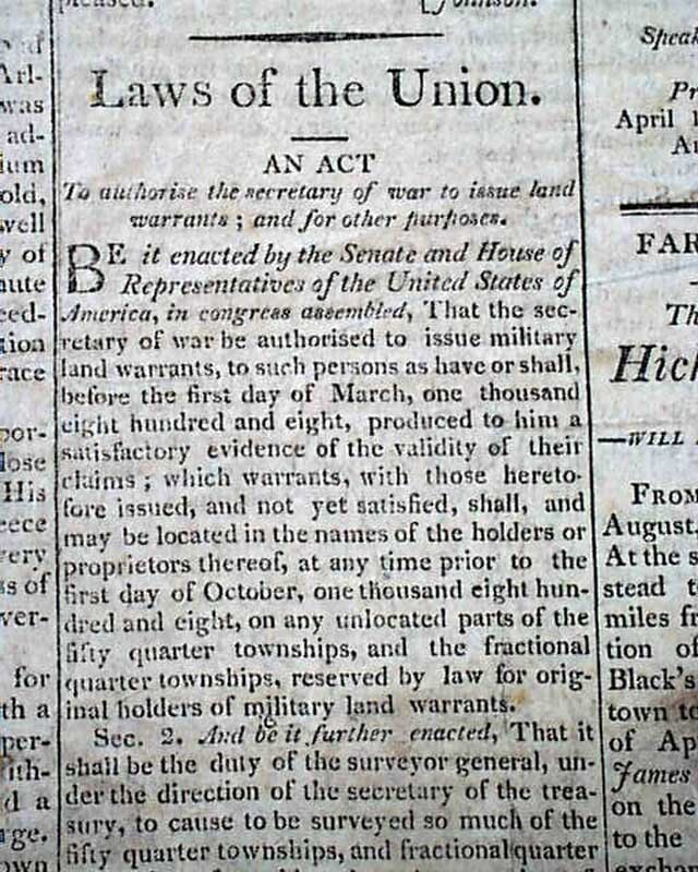 DOYLESTOWN PA Bucks County Pennsylvania w/ Thomas Jefferson Acts 1806 Newspaper