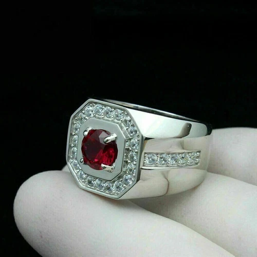Men’s 2.0Ct Round Ruby & Lab Created Diamond Halo Vintage Style 925 Silver Ring