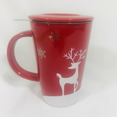 David's Tea Christmas Reindeer Red White Tea Fuser Mug With Lid 