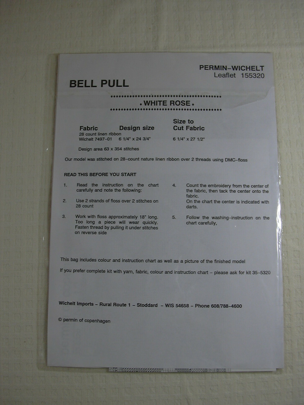 Permin of Copenhagen Danish Art Needlework White Rose Bell Pull Pattern