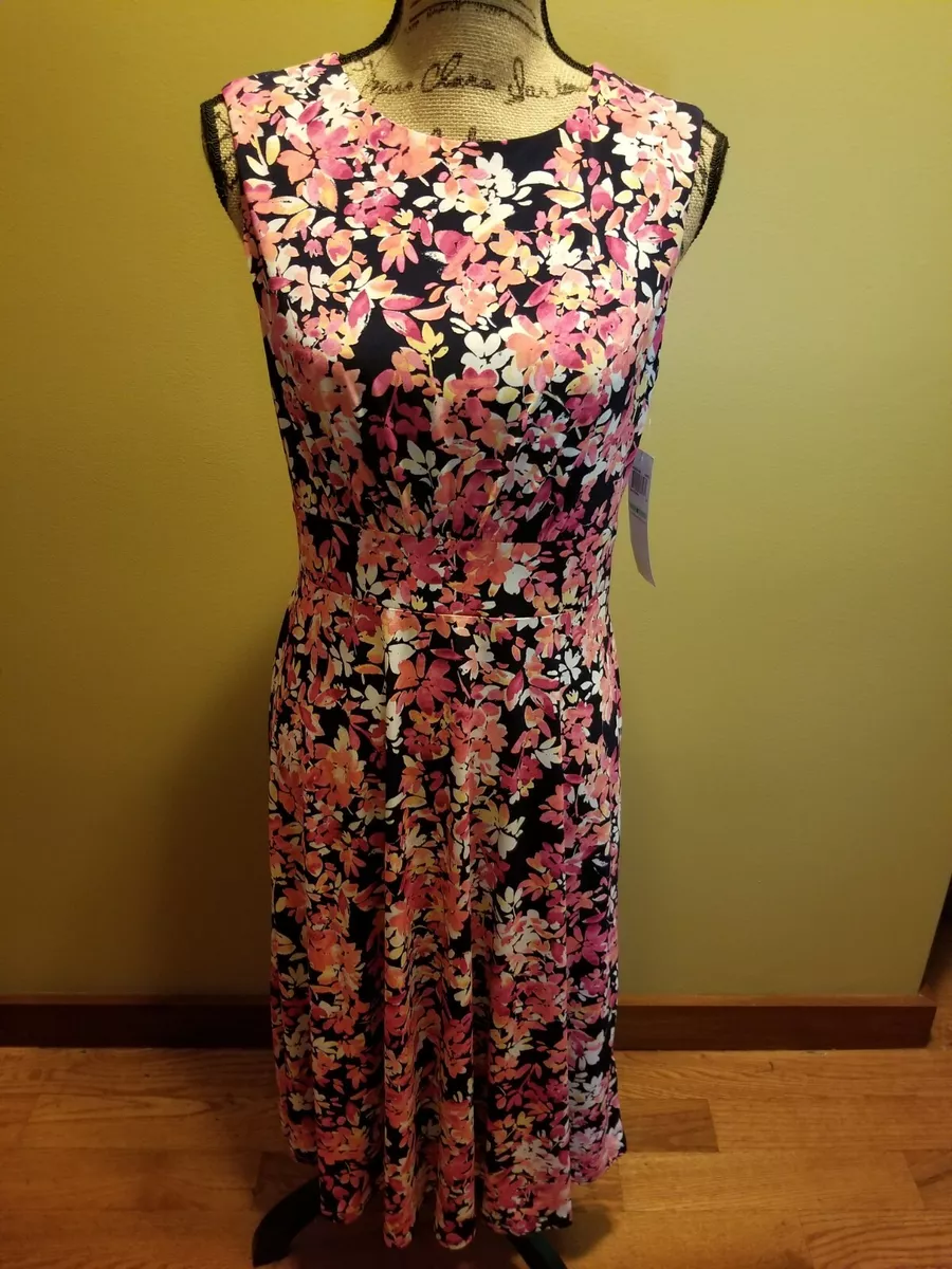 NWT Womens London Times Floral Fit Flair Dress Navy Blue Coral Pink Multi 8