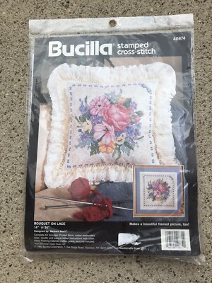 BUCILLA Bouquet On Lace Stamped Cross Stitch Kit #40674 1992 SEALED Baatz