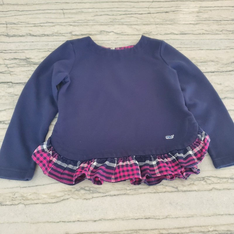Vineyard Vines Girls Navy Blue Peplum Flannel Ruffle Pullover Top Size 7-8
